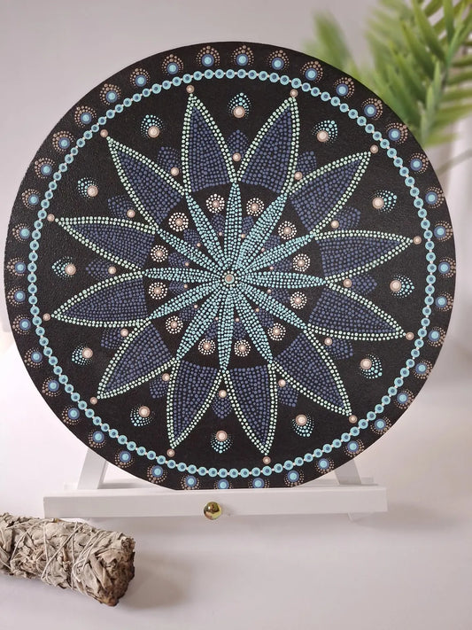 30cm Hand-Painted Silver and Blue Mandala Dot Art – Geometric Wall Decor